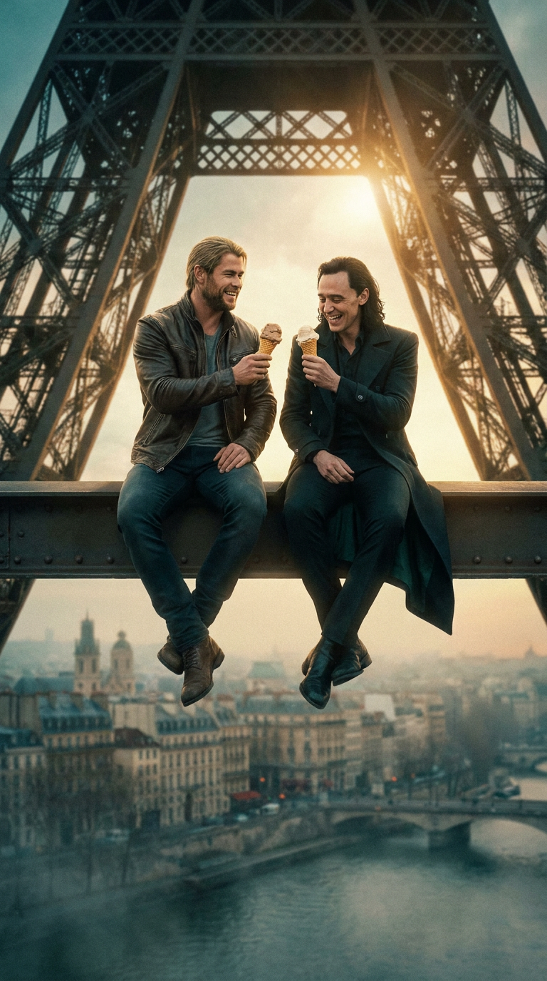 Image made with Nano Banana Pro: thor with loki eating icecream together on eiffel tower in paris