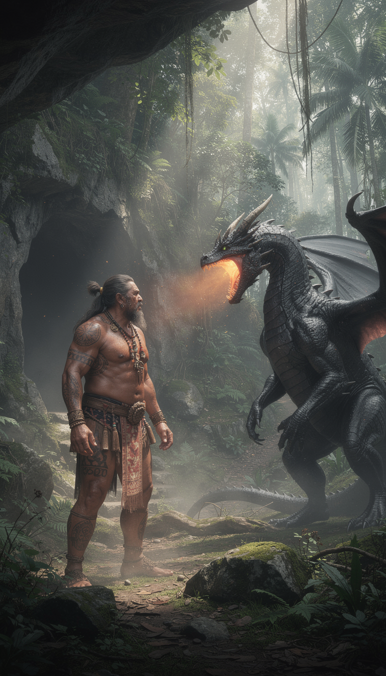 Image made with Flux 2 Pro: a photo realistic photo of a Indonesian dayak giant  standing in the deep jungle next to his cave in the jungle mountain,  he is facing a Giant Dragon with black reptile scales  mouth open wings back tall , and strong heave body. HDR quality. ultra realistic jungle trees, cave rocks, and skin tone  and fechurs of the Dayak giant man and the giant dragon. an adaptation from the pilgrims progress book the giant of despair, the adaptation is in Indonesian dayak culture