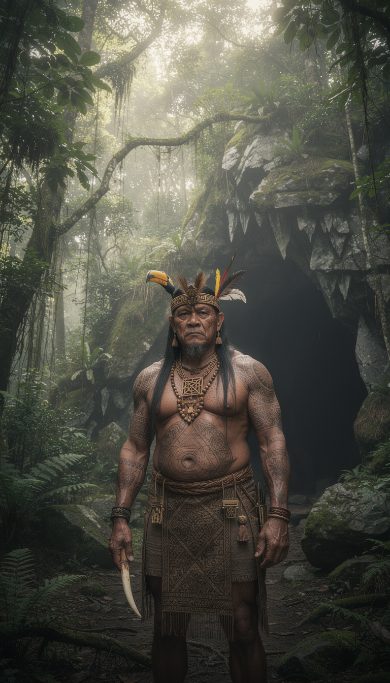 Image made with Flux 2 Pro: a photo realistic photo of a Indonesian dayak giant  standing in the deep jungle next to his cave in the jungle mountain,  . HDR quality. ultra realistic jungle trees, cave rocks, and skin tone  and fechurs of the Dayak giant man . an adaptation from the pilgrims progress book the giant of despair, the adaptation is in Indonesian dayak culture